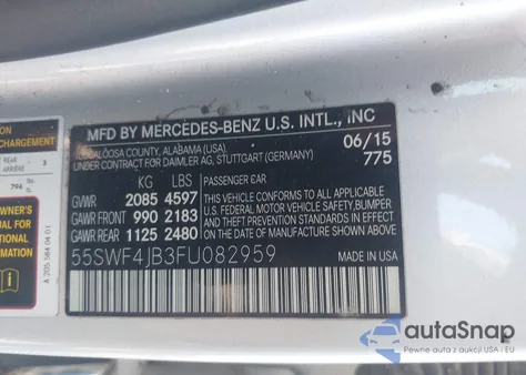 2015 Mercedes-Benz C 300 из США, поврежденный, VIN 55SWF4JB3FU082959